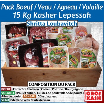Pack mixte BOEUF/AGNEAU/VEAU/VOLAILLES 15kg Kasher Lepessah shtritta loubawitch