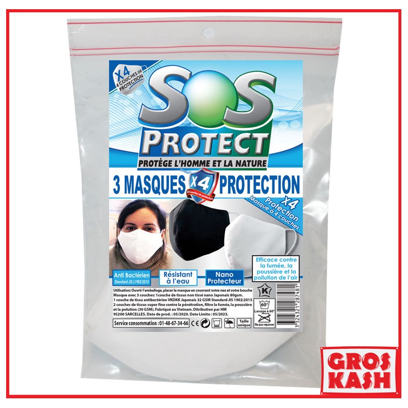 3 MASQUES AVEC 3 COUCHES DE PROTECTION ANTIBACTÉRIEN LAVABLE TISSUS-SOS PROTECT COVID19-GrosKash-