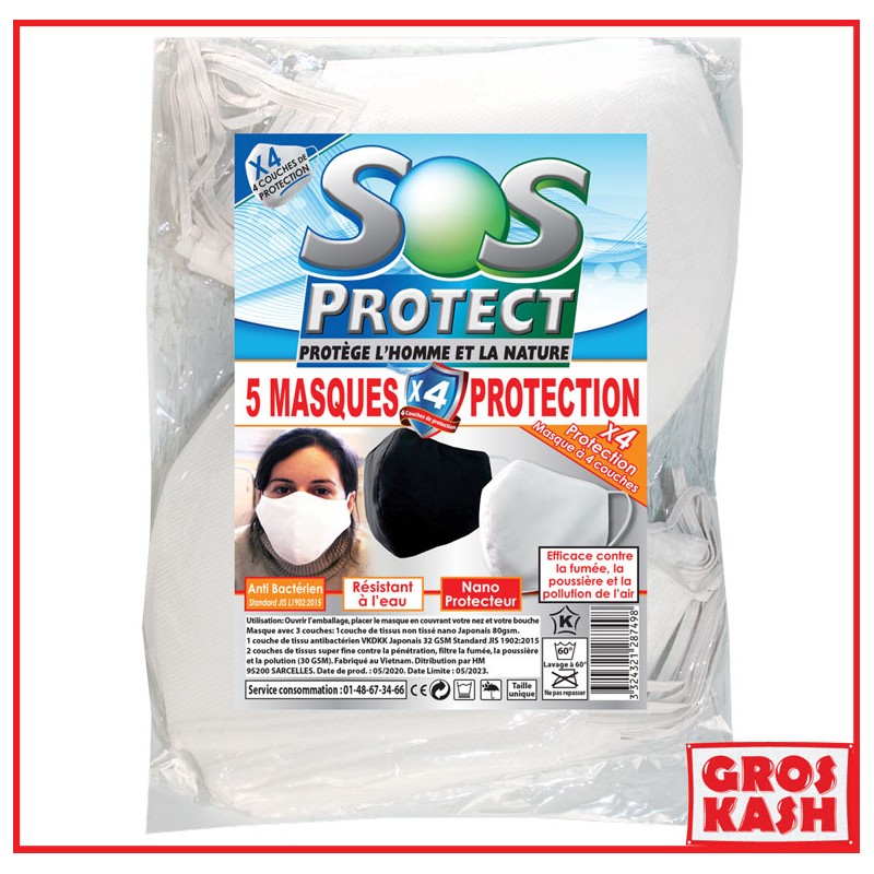 5 MASQUES AVEC 4 COUCHES DE PROTECTION ANTIBACTÉRIEN LAVABLE TISSUS-SOS PROTECT COVID19-GrosKash-