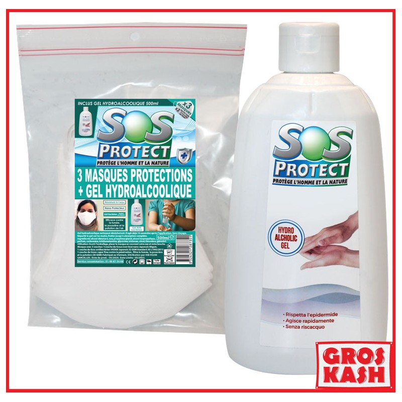 Pack SOS Protect Gel hydroalcoolique + 3 Masques en tissus Casher-SOS PROTECT COVID19-GrosKash-